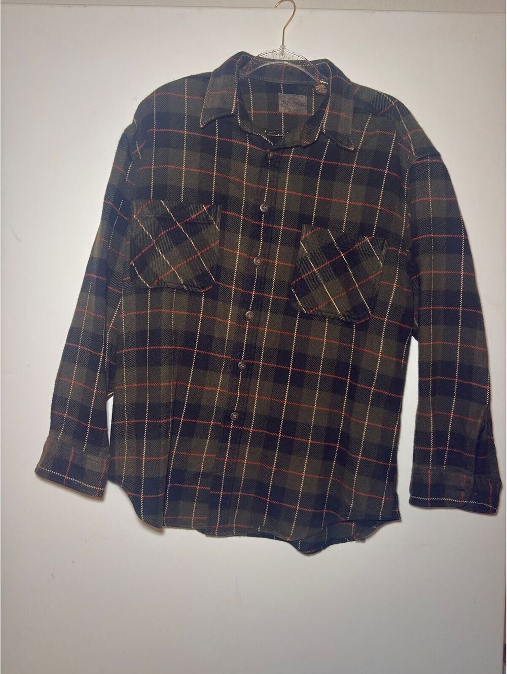 St Johns Bay Heavyweight Plaid Flannel Shirt Olive green Red
